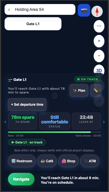 GlidePath Air live map view with blue navigation route to Gate D9
